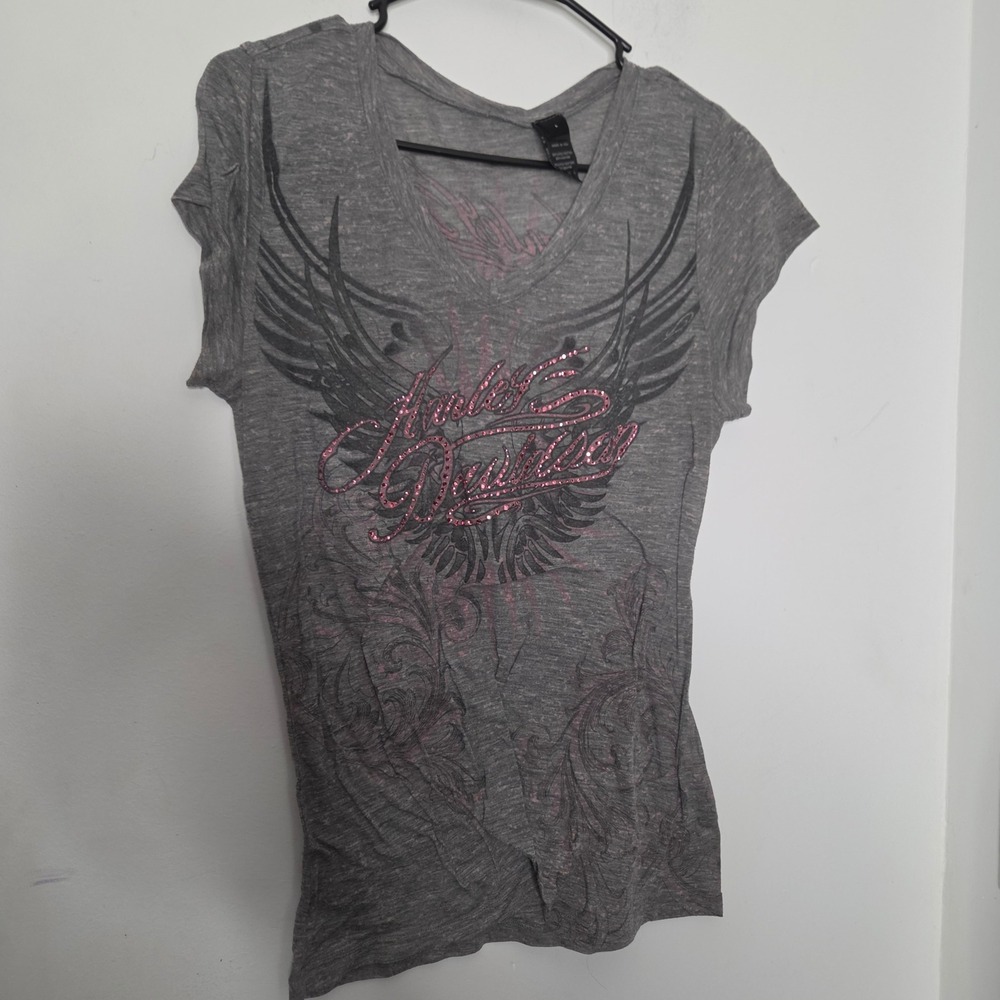 Harley-Davidson Womens Gray Burnout V-Neck Rhinestone Graphic T-Shirt Large USA